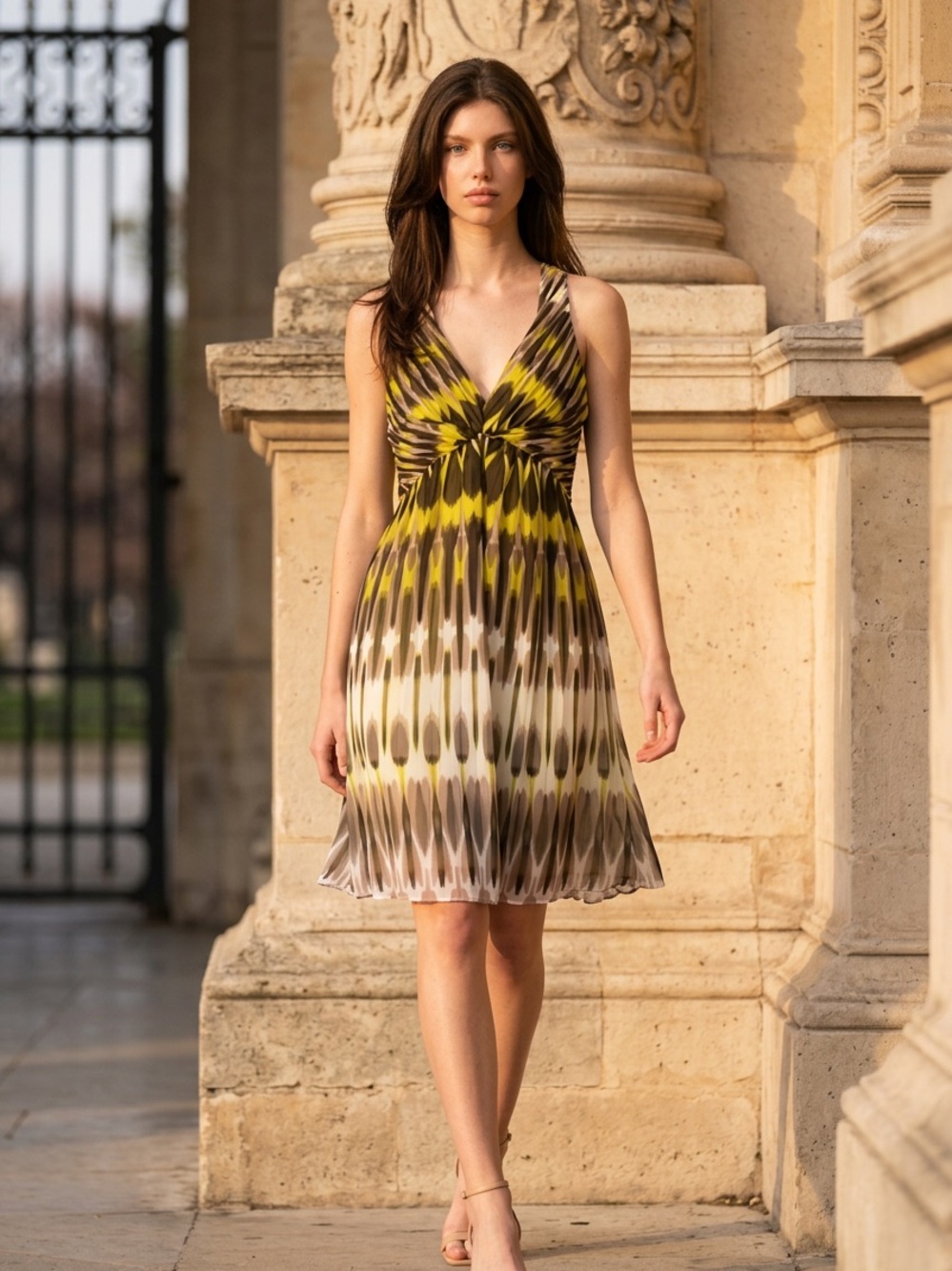 Minuet Petite Olive and Yellow V-Neck Mini Dress Sz Medium
